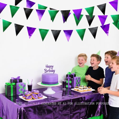 Black Purple Green Party Decorations Metallic Fabric Triangle Pennant Banner Flag Bunting for Boys Men Birthday Graduations Wedding Bachelorette Retirement Video Game Level Up Theme Party Supplies (36 Count)