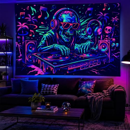 Blacklight Tapestry DJ Skeleton Bedroom Decor 78 x 59 Inch