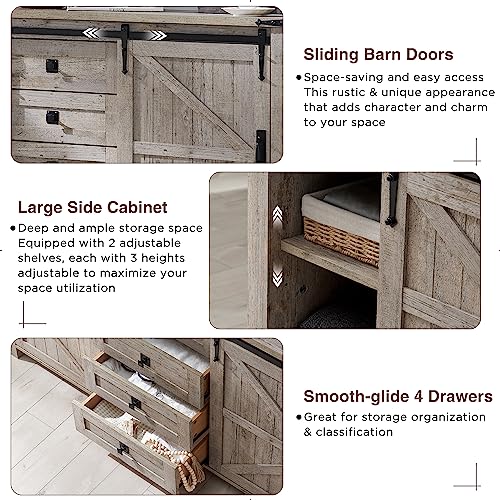 60 Inch Farmhouse Dresser with 4 Drawers and Sliding Barn Doors