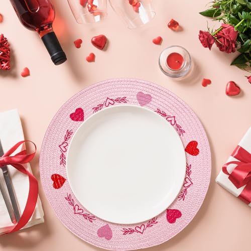 4Pcs Round Valentine Placemats Red Pink Heart Embroidered Place Mats Decorative Dinner Table Mats for Home Wedding Anniversary Party Decor (4 Count)