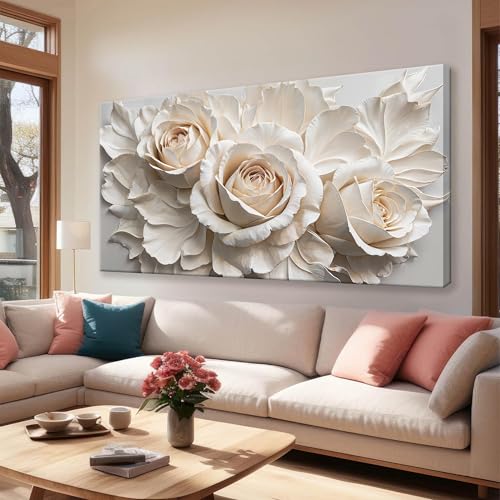 Large Modern White Flower Wall Art For Living Room Prints 29 X 58 In