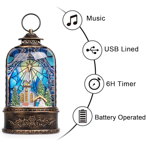 Christmas Snow Globe Lantern Water Glittering Churches & Holy Family with Music& Timer