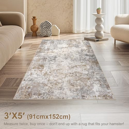 3x5 Entryway Area Rug Washable Neutral Brown Grey Small Carpet (24 Count)