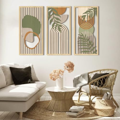 Boho Mid Century Modern Wood Wall Art 16x32 Inch Large Green Abstract Wood Wall Decor Mid Century Bohemian Artwork for Bedroom Living Room Office Kitchen Set of 3