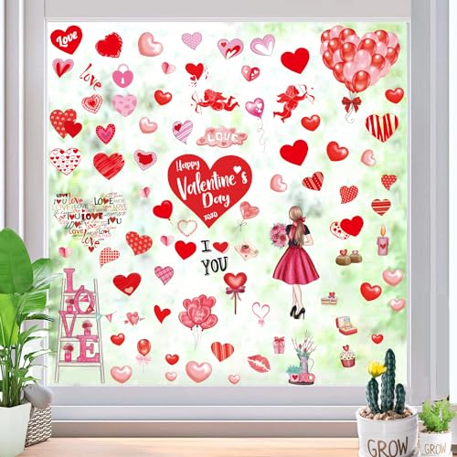 Valentine's Day Hearts Window Clings for Glass Window 7 Sheets 127 Pcs Happy Valentines Day Heart Window Stickers Decals Decorations Party Supplies for Wedding Anniversary Valentines (127 Count)