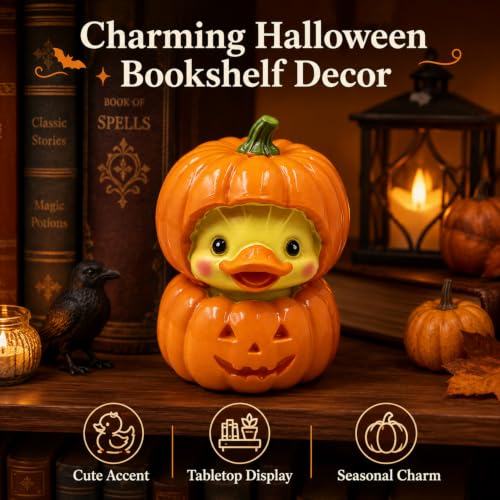 Halloween Duck Pumpkin Statue Cute Spooky Figurine Desk Ornament Decoration Cartoon Mini Pumpkin Duck Figurine for Festive Home Office Desktop Shelf Table Decor Display Ornament