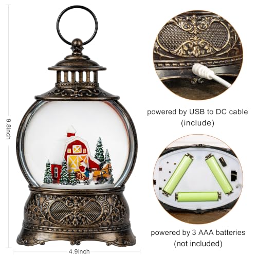 Christmas Snow Globes Christmas Water Lantern with Carriage Red barn Farm Scene Music & 6H Timer USB Lined