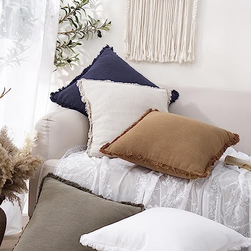 Decorative Linen Fringe Throw Pillow Covers 22×22 Khaki Brown (2 Count)