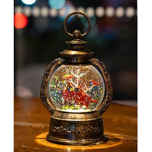 Christmas Snow Globe Lantern Water Glittering Cardinal with Music
