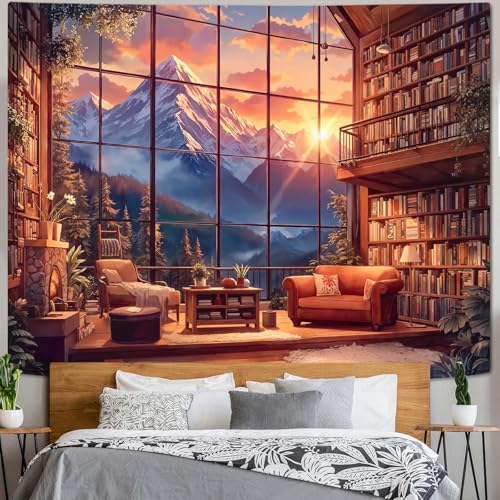 Forest Mountain Library Tapestry Fantasy Bookshelf Tapestries Wall Hanging Watercolor Nature Fairy Sunset Library Backdrop Extra Large Tapestry for Bedroom Dorm Room Classroom 90 x 68 inch