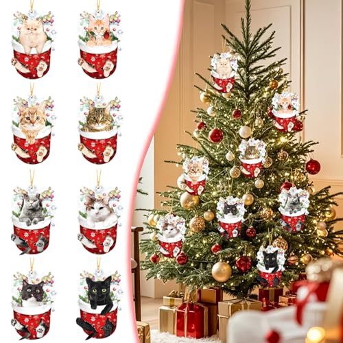 Mtruil 8 Pcs Christmas Ornaments Set Funny Xmas Teacup Cat Plane Acrylic