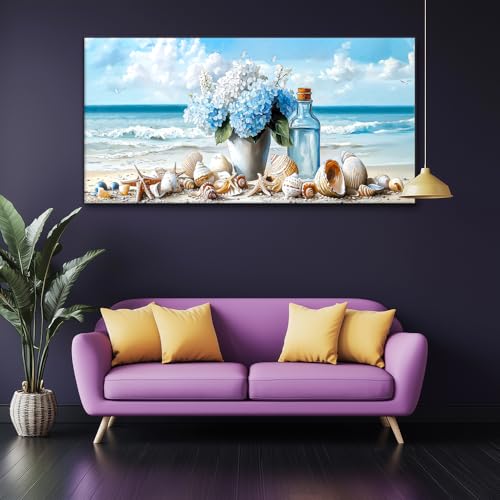 Romantic Beach Wall Art for Living Room Blue Shells Conch Vase Canvas Prints Modern Large Flower Bottle Bedroom Ocean Artwork Decor