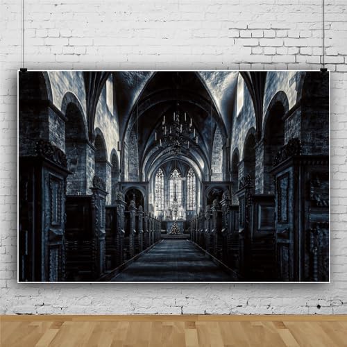 15x8ft Scary Church Halloween Backdrop Dark Black Horror Gothic Medieval Castle Interior Photography Background Halloween Night Carnival Theme Party Decor Banner Photo Studio Props