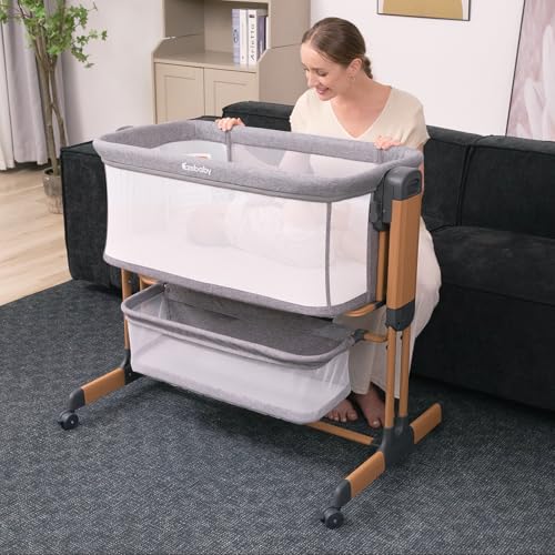3-in-1 Baby Bassinet, Rocking Baby Bassinets Bedside Sleeper, Adjustable Portable Crib for Newborn Infant with Wheels Storage Basket and Mesh Sides