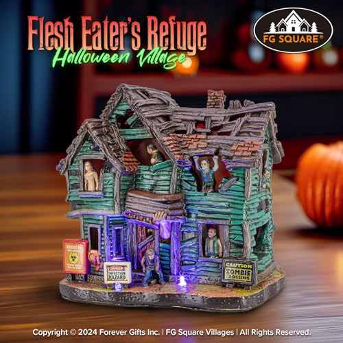 Flesh Eater's Refuge Zombie Theme Spooky Halloween Village Porcelain Colorful LED Lights and Music 7" x 5" x 6.75"