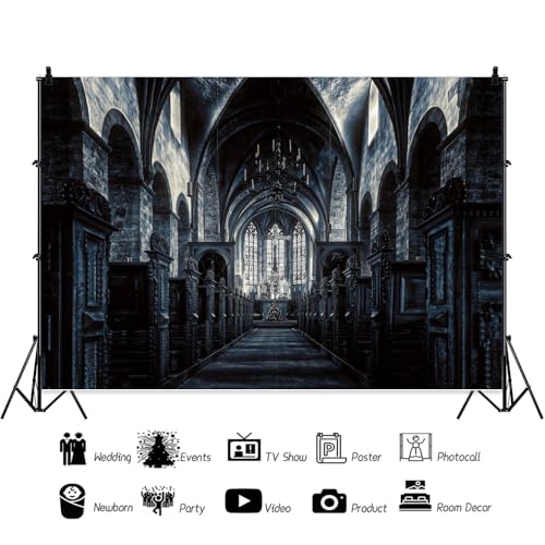 15x10ft Scary Church Halloween Backdrop Dark Black Horror Gothic Medieval Castle Interior Photography Background Halloween Night Carnival Theme Party Decor Banner Photo Studio Props