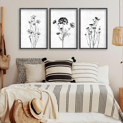 Flower Plant Wall Art Decor 16"x11" Set of 3 Black And White