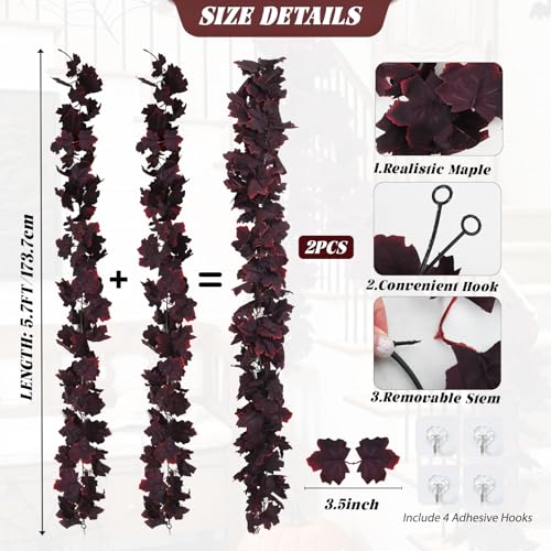 Fall Maple Leaf Garland Artificial Vintage Burgundy Maple Vine 2Pcs (2 Count)