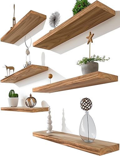Light Wood Floating Shelves for Wall Rustic Wall Shelves for Bedroom Set of 6 (6 Count)