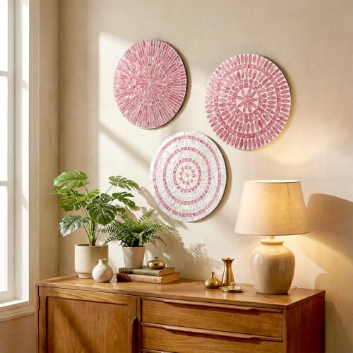 3 Pcs 11.8 Inches Modern Pink Mother of Pearl Shell Plate Preppy Coastal Pink Wall Art Mosaic Wall Sculpture Shell Handmade Hanging Plates Arts for Bedroom Bathroom Home Office Hotel (3 Count)