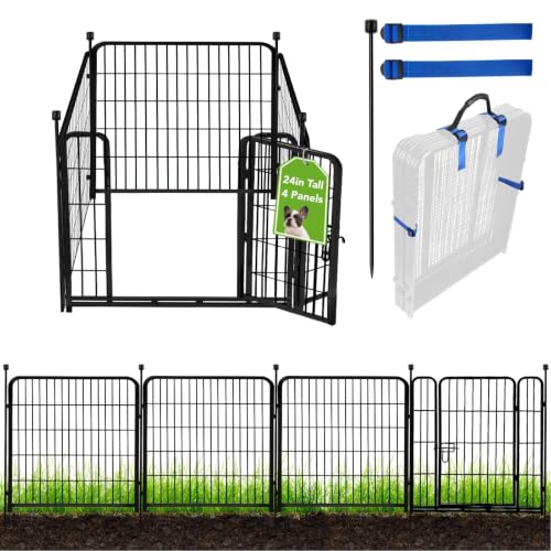 24 in(H) Garden Fence with Gate, 4 Panels Total 9.8 Ft(L), Heavy Duty Iron Metal Animal Barrier Fence, Camping Fence, No Dig Garden Border Fencing for Yard (10 Sq Ft)