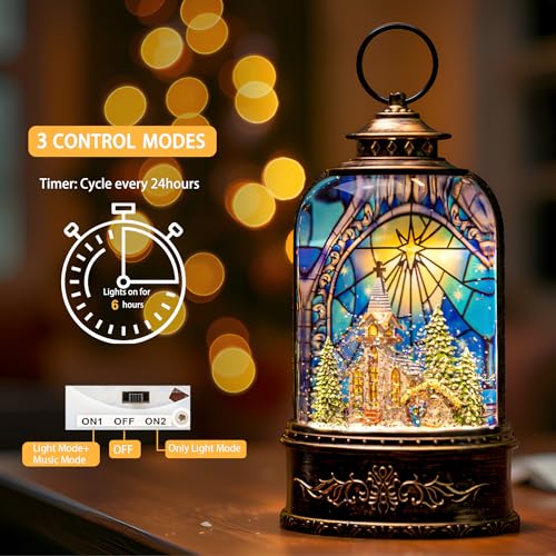 Christmas Snow Globe Lantern Water Glittering Churches & Holy Family with Music& Timer