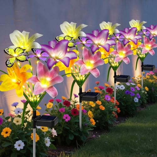 Solar Garden Lights Outdoor 4 Pack Lily Lights with Butterflies (4 Count)