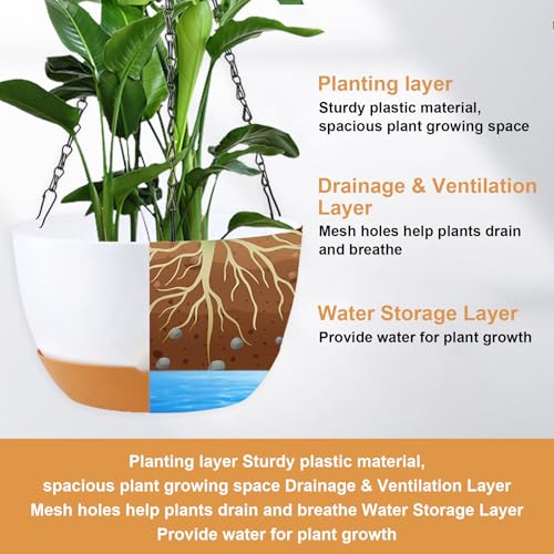 8/10/12 inch Hanging Planters for Indoor Outdoor Plants with Self-Watering Pots, 3 Pack Plastic Hanging Basket with Removable Tray for Home Garden Porch Balcony Patio Decor(White+Black+Green) (3 Count)