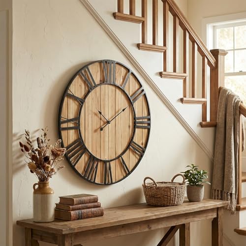 Large Farmhouse Wall Clock 30 Inch Vintage Brown Wooden Wall Clock with Quiet Ticking and Minimalist Roman Numerals for Bedroom Living Room Office Kitchen Home Decor