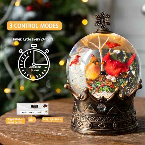 Christmas Snow Globe Lantern Water Glittering Cardinal Crown with Music