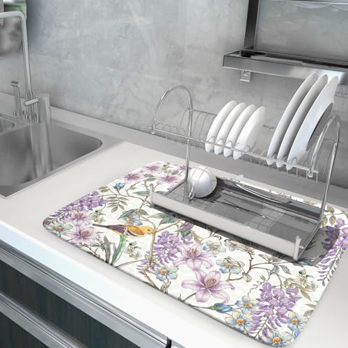 Spring Summer Dish Drying Mat for Kitchen Counter Cute Bird Purple Flower Super Absorbent Reversible Microfiber Kitchen Countertop Protector Dishes Pad Large 18x24 inch