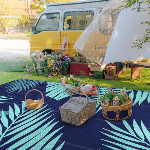 Outdoor Rug Waterproof Plastic Rugs 10'x14' for Camping Blue Green