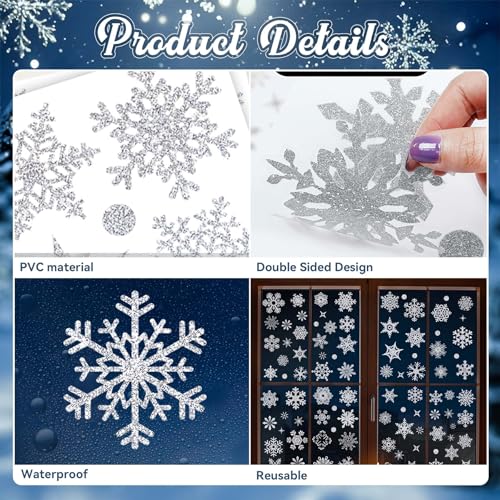 Glitter Snowflakes Window Clings for Glass Windows (93 Count)