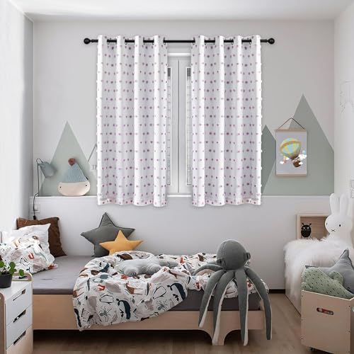 100% Blackout Curtains for Girls Bedroom 54 Inch Long Purple Pom Pom Full Blackout Curtains for Kids Room 2 Panels Room Darkening Small Window Treatment Grommet 2 Layered Drapes 50"W x 54"L (2 Count)