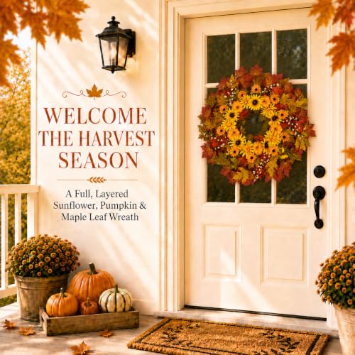 28 Inch Fall Wreath for Front Door Outside Large Artificial Autumn Wreath with Orange Sunflowers Maple Leaves Pumpkins Fall Decoration for Home Farmhouse Door Wreath for Harvest Thanksgiving