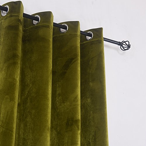 Super Soft Luxury Room Darkening Velvet Moss Green Thermal Blackout Curtain Panel Drapes Grommet Draperies Eyelet 52Wx63L inch Green Yellow