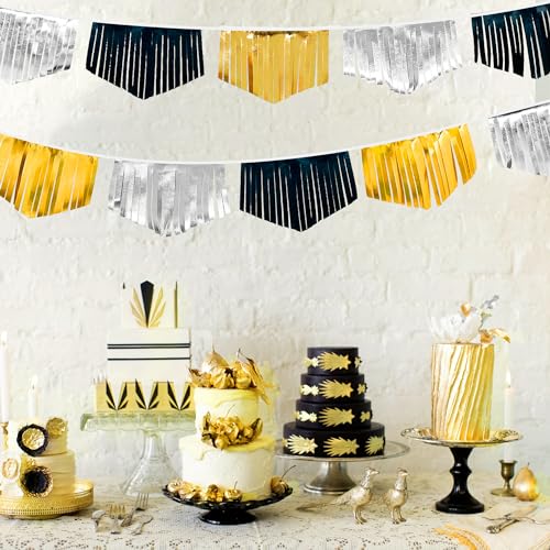 Black Silver Gold Tassel Banner Double Sided Metallic Fabric Pennant Bunting Flag Garland for Graduation Birthday Anniversary Bachelorette Engagement Wedding Bridal Shower Party Decorations Supplies (16.93 Foot)