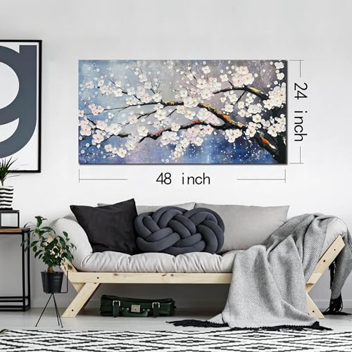 White Flowers Hand Painted Wall Art For Office Women Blue Wall Decor For Bedroom Aesthetic Family Wall Decor For Living Room Size 24 x 47 Inch