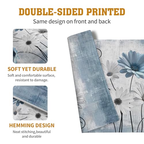 Daisy Placemats Set of 4 Blue Grey Rustic Vintage Floral Table Place Mats 12x18 Inch Seasonal Flower Spring Summer Linen Placemat for Party Kitchen Dining Outdoor Indoor Decor (4 Count)