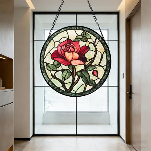 Stained Glass Window Hanging Red Rose Suncatcher Gifts for Women 9.8"