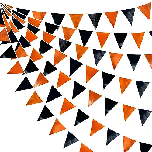 Black Orange Party Decoration Metallic Fabric Triangle Pennant Banner Flag Bunting Garland for Graduation Halloween Fall Autumn Thanksgiving Birthday Wedding Shower Bridal Shower Party Supplies (36 Count)