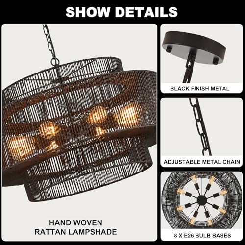 30" Large Black Rattan Chandelier (8 Count)