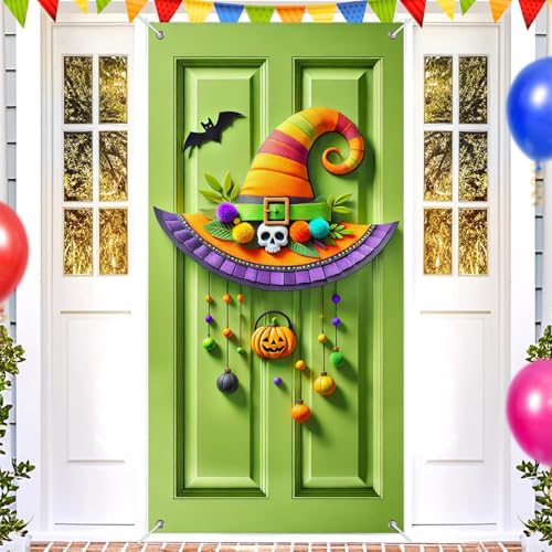 Halloween Door Banner Skull Witch Hat 35x71 Inch Polyester