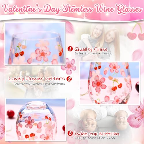 2 Pack 17oz Cherry Blossom Stemless Wine Glasses Cherry and Flower Drinking Glasses Floral Tumbler Cups for Women Wedding Birthday Gift Parties Supplies (2 Count)