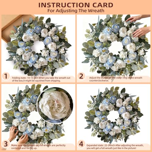 24 Inch Spring White Peony Wreath Baby Blue Rose Front Door