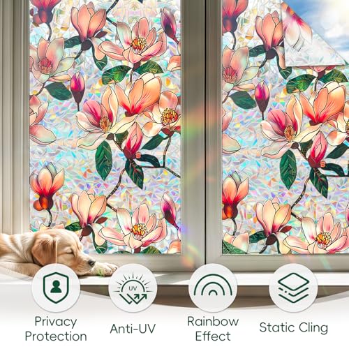 Window Privacy Film Decorative Stained Glass Window Film Rainbow Magnolia Floral Static Cling Non (666.1652 sq inch)