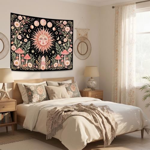 Boho Pink Sun Moon Phase Daisy Flower Mushroom Tapestry 80 x 60 Inch