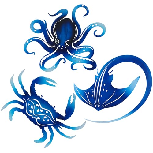 Metal Octopus Crab Manta Ray Coastal Nautical Ocean Decor Outdoor Metal Wall Art Decor Garden Pool Patio Bathroom Yard Farmhouse Fence Deck (3 Count)