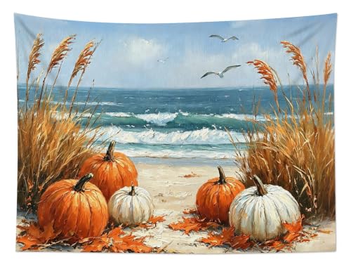 Coastal Fall Pumpkin Tapestry beach Landscape Wall Decor 92.5Wx70.9L