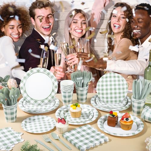 175 Pcs Sage Green Gingham Paper Plates and Napkins Cups (175 Count)